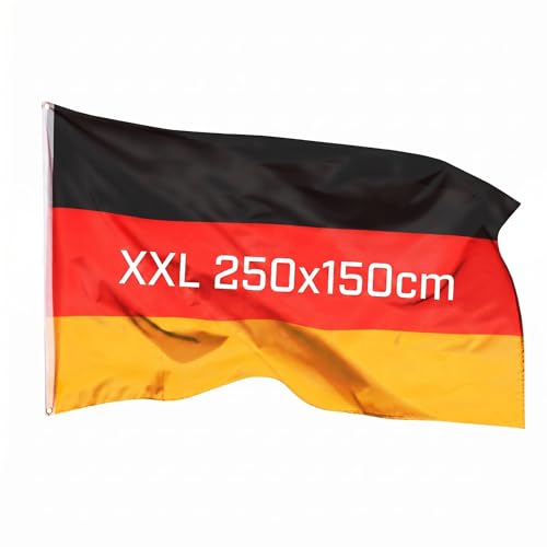 Aricona Deutschland Flagge XXL 250x150cm - wetterfeste Deutschland Fahne Groß mit Messingösen, 100% Polyester, robuste Doppelnaht & in lebendigen Farben - ideal für die WM 2026