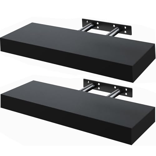 ZYNERY 2 Pack Floating Shelves 40 x 15 x 1.5 cm Black Floating Shelves For Wall Display Storage Wall Shelves Modern Decorative Display Wall Shelves For Bedroom Bathroom Living Room