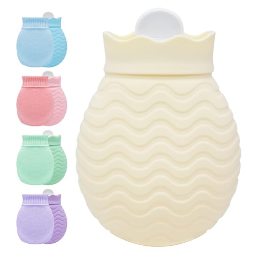 Botella de agua caliente con funda de punto, bolsa de agua caliente pequeña de 320 ml para aliviar el dolor, espalda, cuello y hombros, mini botella de agua caliente con funda suave extraíble y
