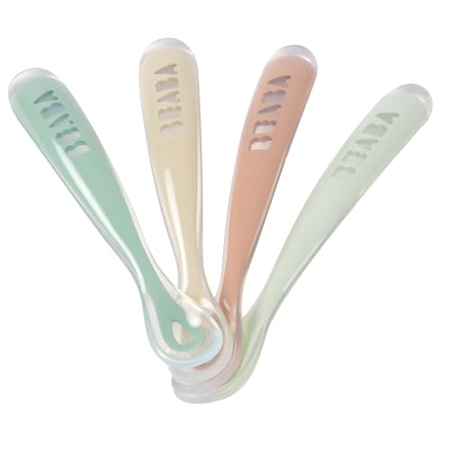 Béaba - Lot de 4 Cuillères en Silicone Bébé/Enfant 1er Âge - Dès 4 mois, Souple - Bout arrondi - Manche long et Ergonomique, Natural Set