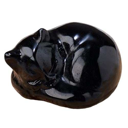 SLXLYH 天然クリスタル 睡眠 猫 彫刻 クリスタル 睡眠 猫像 ハンドクラフト ストーン アート 置物 ホームデコレーション ギフト(黒曜石)