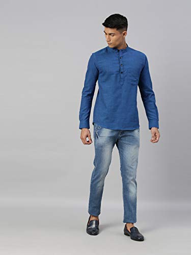 Image of KRYPTIC Men's Full Sleeve Regular Fit Short Kurta in Premium Pure Cotton with Patch Pocket and Mandarin Collar - Perfect Blend of Style and Comfort