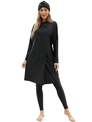 AGYMNX Women Muslim Swimsuit: 3 Pieces Long Sleeves Modest Swimming Suit - Swimwear Burkini Sets for Summer Beach Sea Travel Black XL
