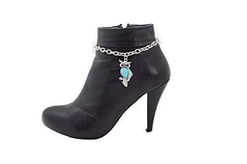 Women Western Fashion Jewelry Boot Chain Bracelet Silver Metal Shoe Anklet Owl Bird Charm Turquoise Blue #TOP7