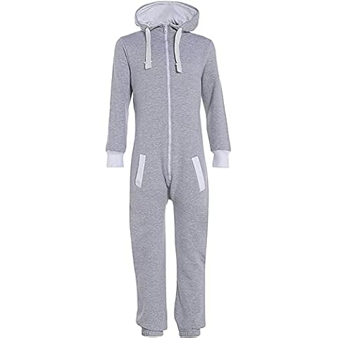 Mens Zip Up Plain Pocket Jumpsuit All in One Suit Drawstring Hooded Long Sleeves Warm Onesie Grey Cover