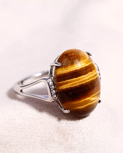 Jewever 925 Sterling Silver Rings for Women Men Genuine Tiger Eye Stone Anxiety Ring Open Adjustable Unisex Jewelry (7-10#)2