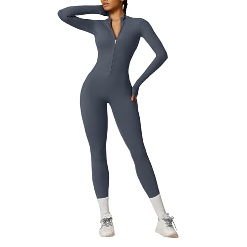 OEAK Damen Sport Jumpsuit Lang Eng Yoga Overall Langarm Rollkragen Playsuits mit Reißverschluss Nahtloser Bodysuit Bodycon Strampler Einteiler Romper,Dunkelblau,L