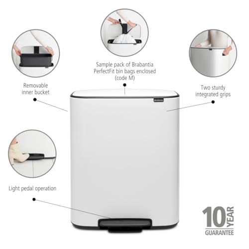 Image of Brabantia Bo Step-On Pedal Trash Can - 16 Gal Inner Bucket (White) Waste /Recycling Garbage Can, Removable Compartment