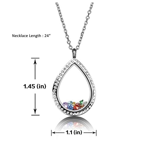 Jovivi Teardrop Floating Charm Memory Locket Necklace - 316 Surgical Stainless Steel With Clear Crystals #TOP5