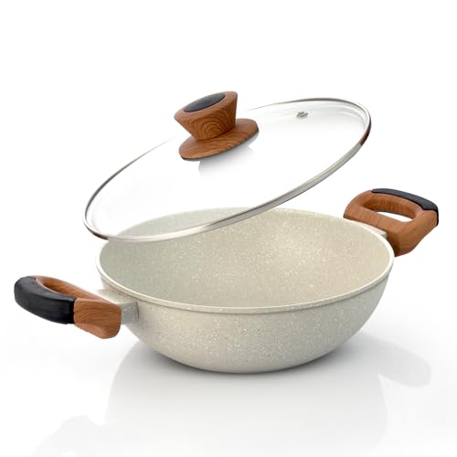 Image of BERGNER Ivory Granite Non-Stick 24cm (2.5L) Kadai with Glass Lid, 3-Layer Marble Healthy Coating, Rivetless Soft Touch Handles, PFOA Free, Less Oil, Forged Aluminium - Induction and Gas Stove Ready