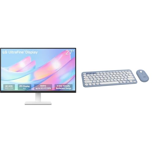 Image of LG 27US500-W, 27 Inch Ultrafine Monitor, IPS, 4K UHD (3840x2160), 60Hz,HDR10 up to 90% DCI-P3 Color gamut, Borderless Design, Reader Mode + Logitech Pebble 2 Combo, Wireless Keyboard and Mouse