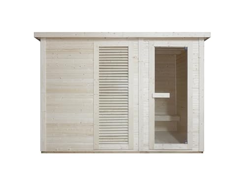 SANOTECHNIK Outdoorsauna VAASA – Außensauna für 4–6 Personen 310×230×219,5 cm, Harvia 8 kW Ofen, Thermo-Fichtenholz, ESG-Glas – Art.Nr. F30130