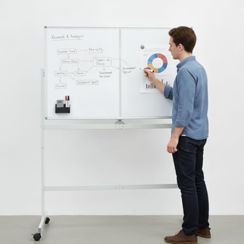 Mobile Whiteboard 48" x 32" with Stand, Double Sided Large Dry Erase Board on Wheels, Magnetic Rolling Whiteboard with Markers & Eraser, Reversible Standing Board for Office, Home, Classroom