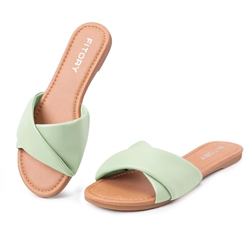 Image of FITORY Women's Flat Sandals Fashion Slides With Soft Leather Slippers for Summer Size 6-11