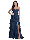 zoteno Women's Strapless Formal Dresses with Bow for Women Navy Blue Sweetheart Corset Chiffon Ruffles Ruched A-Line Long Formal Evening Gowns with Slit US 4