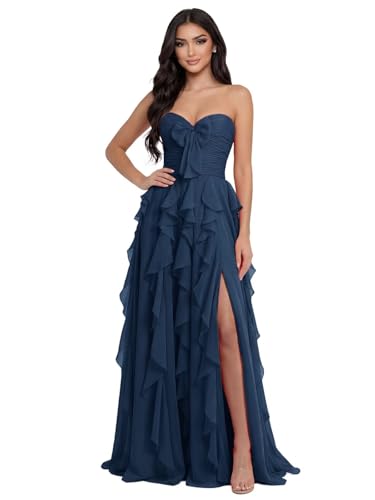 zoteno Women's Strapless Formal Dresses with Bow for Women Navy Blue Sweetheart Corset Chiffon Ruffles Ruched A-Line Long Formal Evening Gowns with Slit US 4