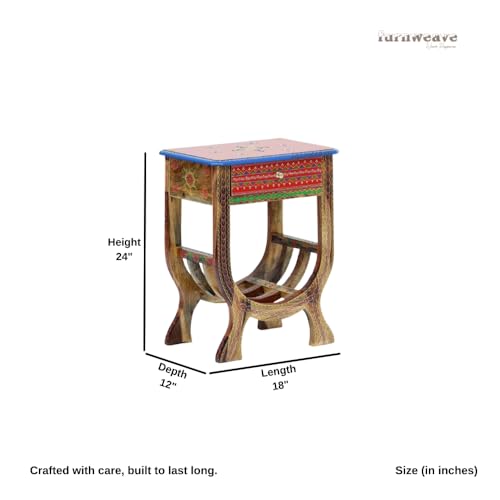 Image of Wooden Bedside Table for Bedroom, Sheesham Wood Bedside Table with Drawer for Living Room & Home | Wooden Nightstand for Living Room | End Table for Bedroom (Multicolour-BS1)