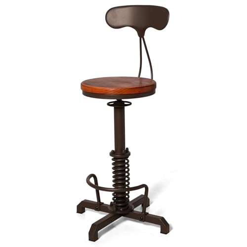 LOKKHAN American Antique Steampunk Bar Stool with Backs 24.41"-28.35" Vintage Industrial Adjustable Swivel Counter Stool for Home, Dining, Breakfast, Pub, Office, (Heavy Duty, Brown Wood Top)