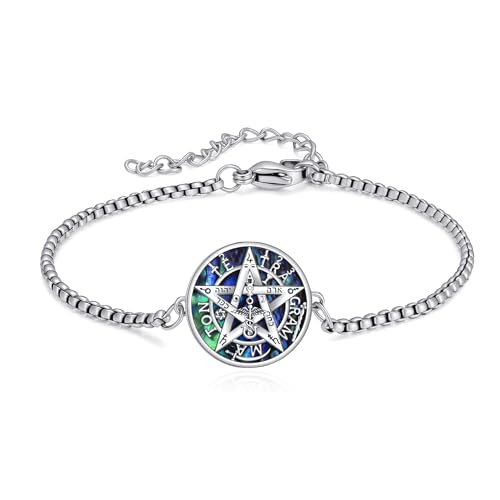 Tetragrammaton Bracelet 925 Sterling Silver Pentagram Tetragrammaton Bracelet Abalone Shell Pentacle Jewelry for Women Men with 9 Inch Box Chain