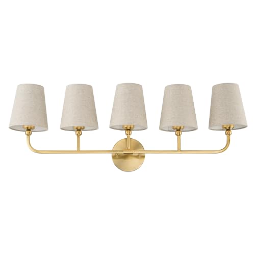Image of 5-Light Brushed Gold Bathroom Vanity Light, Brown Linen Fabric Shade | 35 Inch gold bathroom light fixture over mirror, UL listed, E26 bulbs, hardwired, upward only, VL837-BG-L-5