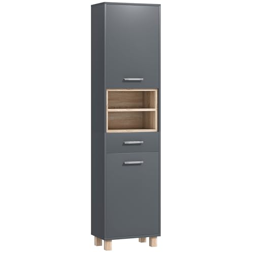 HOMCOM Colonne Salle de Bain, Meuble Salle de Bain Rangement avec 2 placards, tiroir et 2 espaces Ouverts, Armoire Haute pour Cuisine, Salon, 40 x 24 x 160 cm, Gris