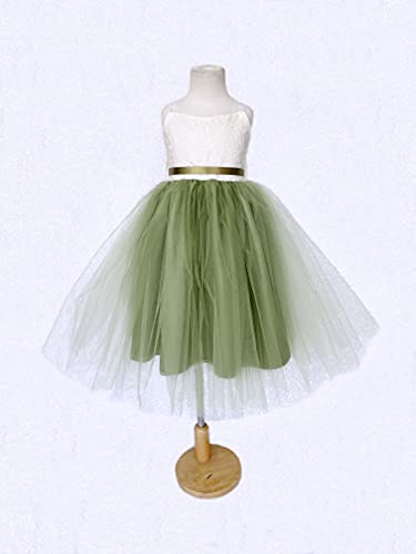 Ivory Off White French Lace Sage Green 2 Layer Tulle Flower Girl Bridesmaid Dress (6, Sage)