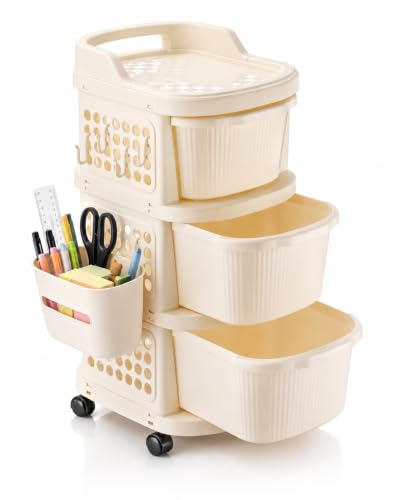 Image of Homeor 3 Tier Plastic Storage Drawer Cabinet with Wheels | Modular Chest of Drawers Organizer with Side Basket & Handle | Storage Trolley Rack for Home, Kitchen, Bedroom, Office, Kids Room (Ivory)