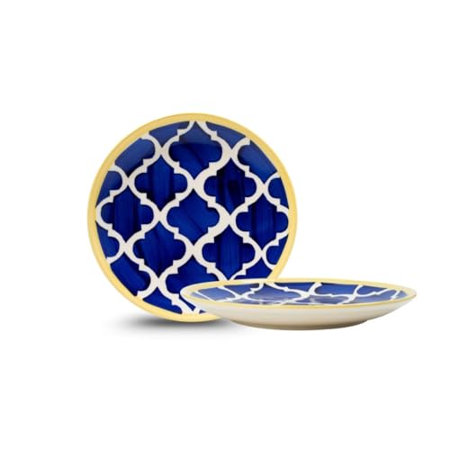 Image of Navy Blue Ceramic Round Plates - Set of 2 (7.28 inch) | Microwave, Oven & Dishwasher Safe | Perfect for Dessert, Salad & Small Meals | Elegant Porcelain Dish | Ideal for Gifting