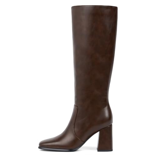 Image of Knee High Boots Women Square Toe Chunky Heel Fashion Tall Boots | Block Heel Gogo Boots with Side Zipper,Fashion Heeled Fall Winter Boots,Long Dressy Boots for Women