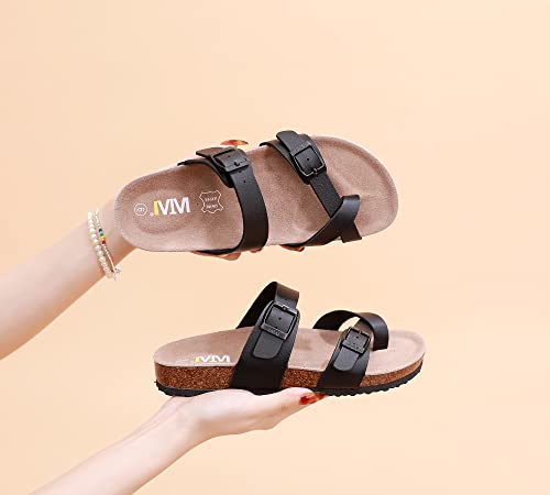 Image of WTW Cork Footbed Womens Sandals Genuine Leather Insole Slides Sandals for Women Adjustable Buckle Summer Sandals Outdoor Walking