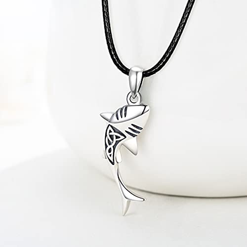 Praymos Shark Pendant Animal Jewelry Men Boys Women 925 Sterling Silver Necklace With Leather Cord Black Personalized Punk Necklace Jewelry With 22" Chain #TOP1