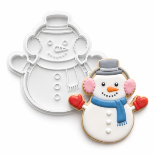 Christmas Cookie Cutters Snowman Earmuffs Shape 3D Printed PLA Fondant Cutter with Embosser Stamp 6 Inch Xmas Holiday Baking Mold for Decorating Stocking Stuffers Party Favors
