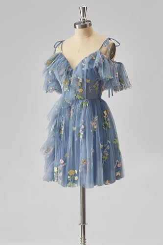 Basgute Flower Embroidery Tulle Short Homecoming Dresses for Teens 2024 Mini Spaghetti Straps Formal Prom Party Gown3