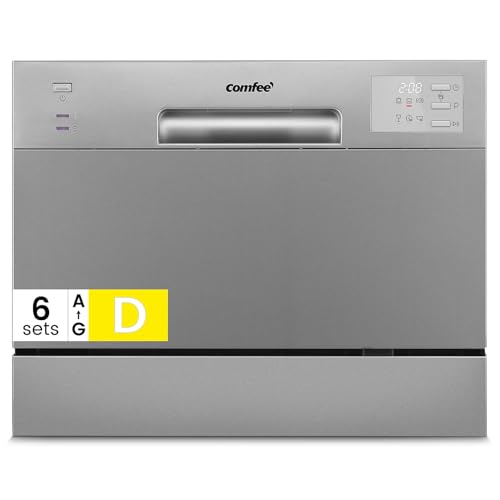 COMFEE' CDWMT0602ESD-EU Lavavajillas de Sobremesa Compacto con 6 Cubiertos, 6 Programas, Clase D, Pantalla LED, 24H Inicio Diferido, Ciclo Intensivo H-TEMP a 70 °C, 47 dB - Plateado