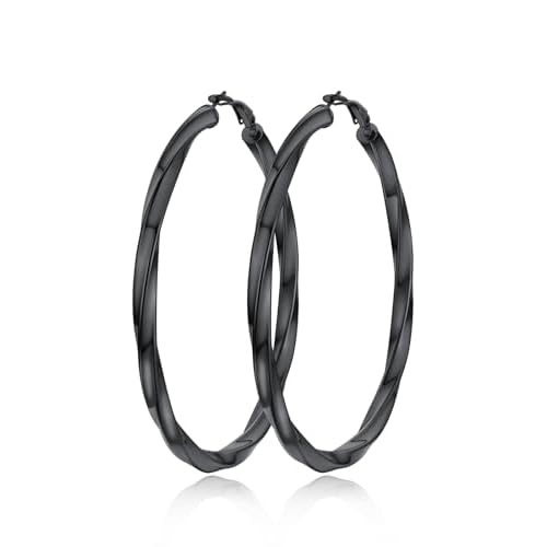 Classic Black/18K Gold Plated/Stainless Steel Hoop Earrings for Women 20mm/30mm/40mm/60mm/80mm Oversized Hypoallergenic Chunky Tube Hoops Rounded Loop Earrings Come with Box 01.Black Cube Tw