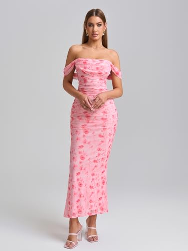 Image of KUTUMAI Off The Shoulder Maxi Long Dress Corset Ruched Bodycon Cocktail Formal Wedding Guest Dresses for Women