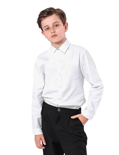 mintgreen Camisas de algodón para niños, con botones, de manga larga, lisas, de 7 a 14 años, blanco, 15-16 años