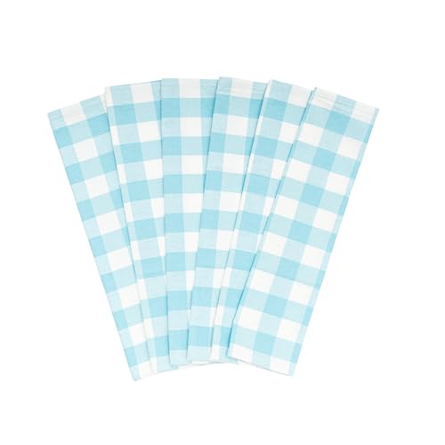 Image of Aqua 6 Pack Large Cotton Tea Towels - 30 inch x 20 inch with Hanging Loop - Highly Absorbent, Lint-Free, Washable Teal Kitchen Towels - Plaid Pattern