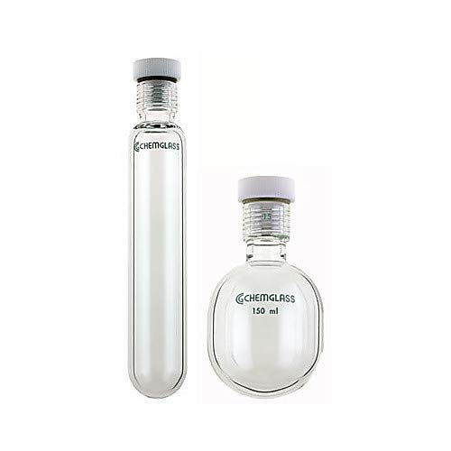Chemglass CG-1880-12, Heavy Wall Round Bottom Pressure Vessel, 15 Internal Thread, Complete, 350mL Capacity, 82.5mm O.D. x 142mm Length