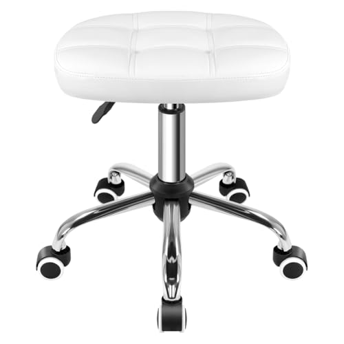FURWOO Taburete Ovalado Rodante Altura Ajustable Sillón de Masaje con Ruedas para SPA Salón Blanco