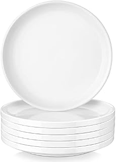 LOVECASA White Plates Dish Set for Dessert, 8 Inch Plates Set for 6, Round Plates with Lipped Edges, Ceramic Plates Microwave and Dishwasher Safe