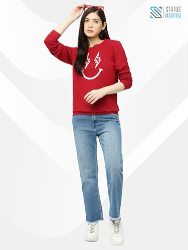 Image of STATUS MANTRA Women's Cotton Round Neck Regular Fit Sweatshirt | Full Sleeves and Smile Printed | Comfort Colour T-Shirt | Available in Multicolor & Size Small to 2XL