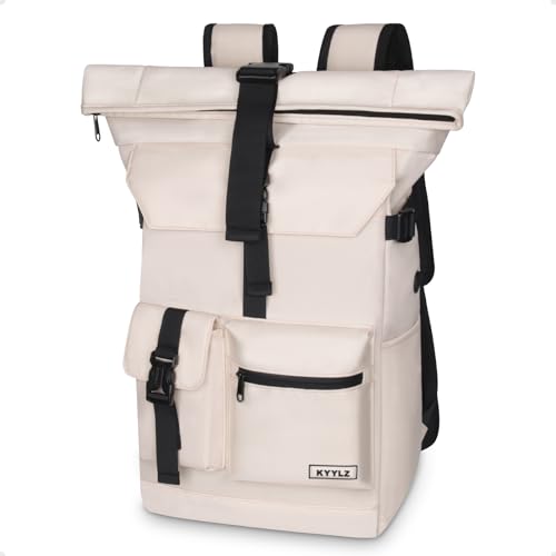 KYYLZ Mochila Enrollable Hombre Mujer, Expandible Mochila Portatil, Impermeable Grande Mochila de Viaje, para Trabajo Universidad Casual Ciclismo Deporte, 27L, Negro & Beige