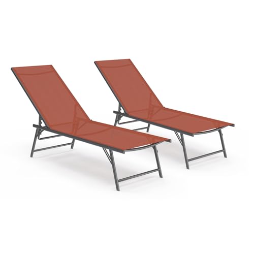 IDMarket - Lot de 2 transats de Jardin inclinables Kailua en Acier Gris Anthracite et Toile Terracotta