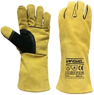 Safewel Premium Gold + Black Leather Welders Welding BBQ PPE SAFETY Heat Resistant Gardening Gardeners Gloves Gauntlet - See Offers, XL