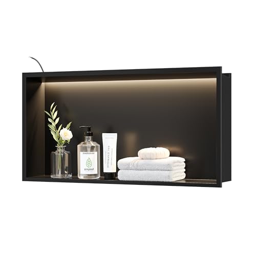 Neohomee Wandnische Dusche 304 Edelstahl mit LED-Beleuchtung, wasserdicht IP68, Einbau-Duschnische Schwarz Einzelregal Lagerung für Badezimmer, 60 x 30 cm