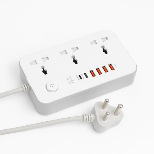 Image of Extension Board, Power Strip with 6 USB Ports and 3 Universal Socket, 2500W 10A Extension Cord, 3-Pin Surge Protector Power Strip for Home, Office, Computer, Mobile Charging (White-Z65)