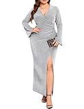 ZOMVA Plus Size Maxi Sparkly Dress High Slit Formal Evening Gown Cocktail Prom Glitter V-Neck Wrap Bell Sleeves, Silver, 3X