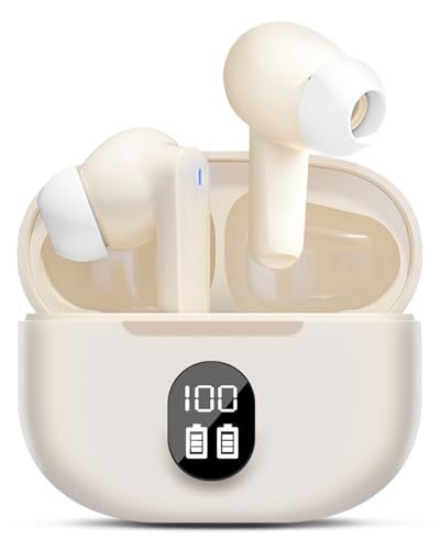 Dinow Auriculares inalámbricos Bluetooth, 5.3 HiFi Auriculares in-Ear estereos inalambricos, Pantalla LED, Cascos inalambricos con micrófono ENC, IP6 a Prueba de Agua para iOS/Android-Beige