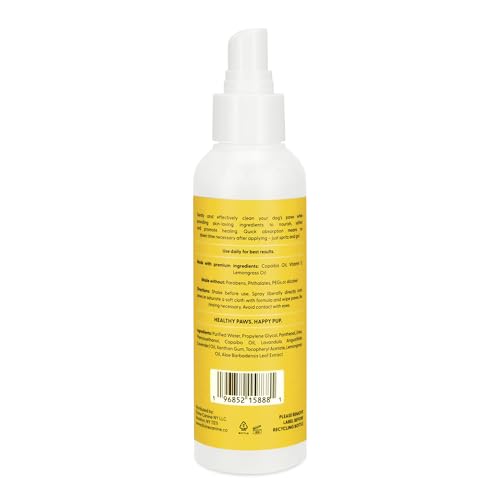 Image of Dog Paw Cleaner Spray - Aloe No-Rinse Paw Wash - 5.1 Fl Oz | Alcohol-free aloe dog paw cleaner spray with copaiba & lemongrass to clean muddy paw pads after walks - no rinse, USA